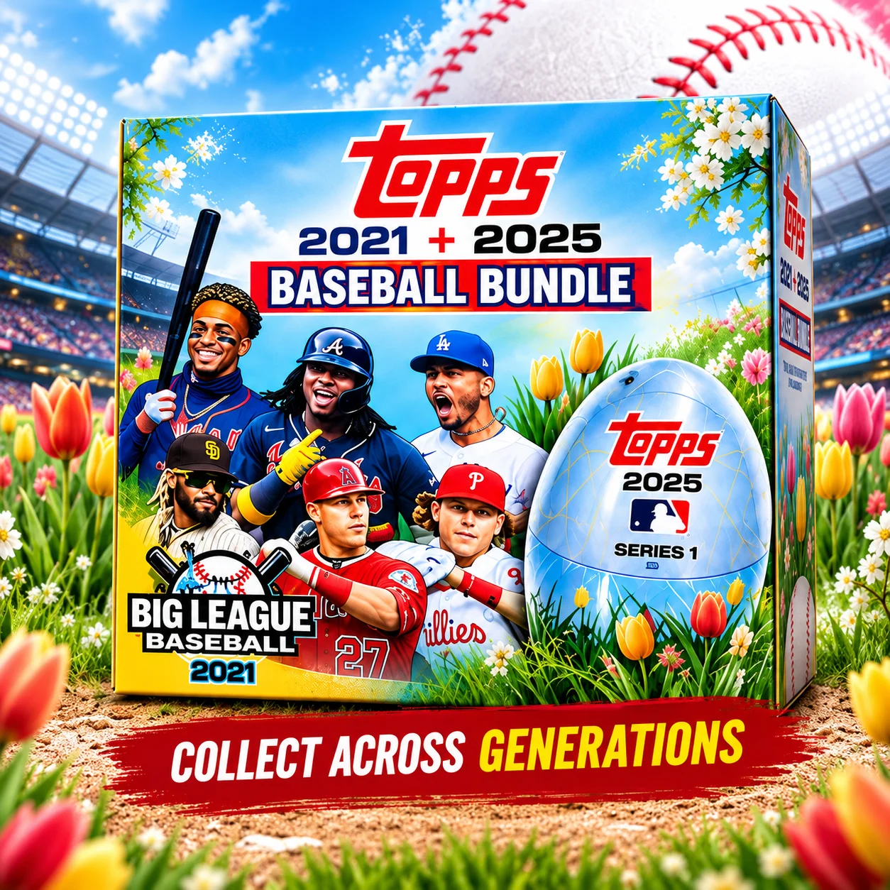 2021 Topps Big League Baseball Collector Box With 2025 Topps Series 1 Baseball Tin, 109 Total Cards Plus 1 Exclusive Super7 MLB Figurine, Look for 2 Holiday Parallels on Average