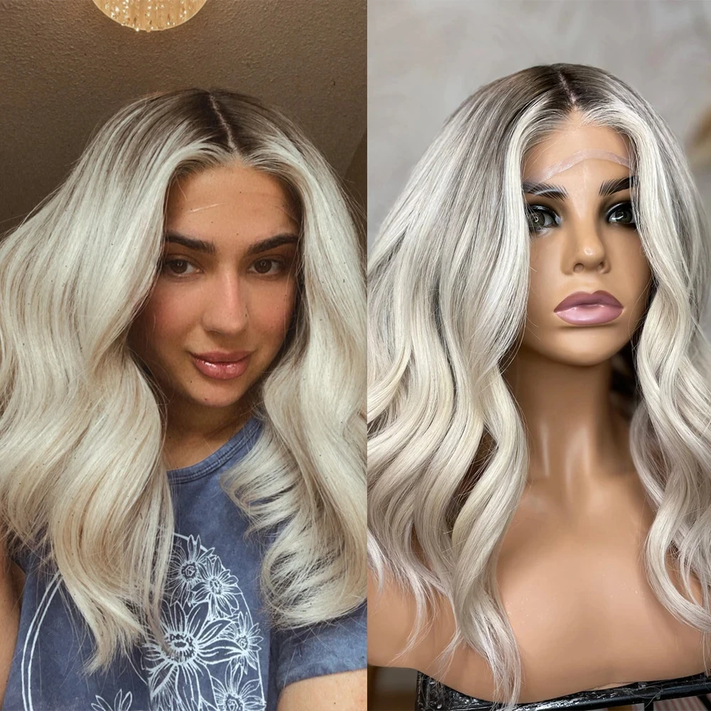 

Platinum Blonde Bob Wig Balayage Wavy Virgin Human Hair Root Melting Wig HD Transparent 13x6 Lace Front Wig 12” 150 Density