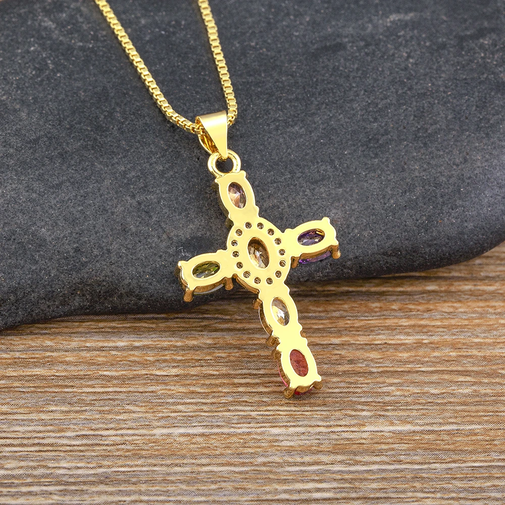AIBEF Cross Rhinestone Pendant Necklace Copper CZ Religion Colorful Inlay Crystal Jewelry Accessory INS Popular Romantic Gift