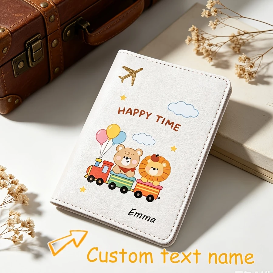 A Cute Cartoon Animal Bear-pattern Passport Cover with Customizable Name, Text Passport Book Holder, Universal Airplane Passport view 3
