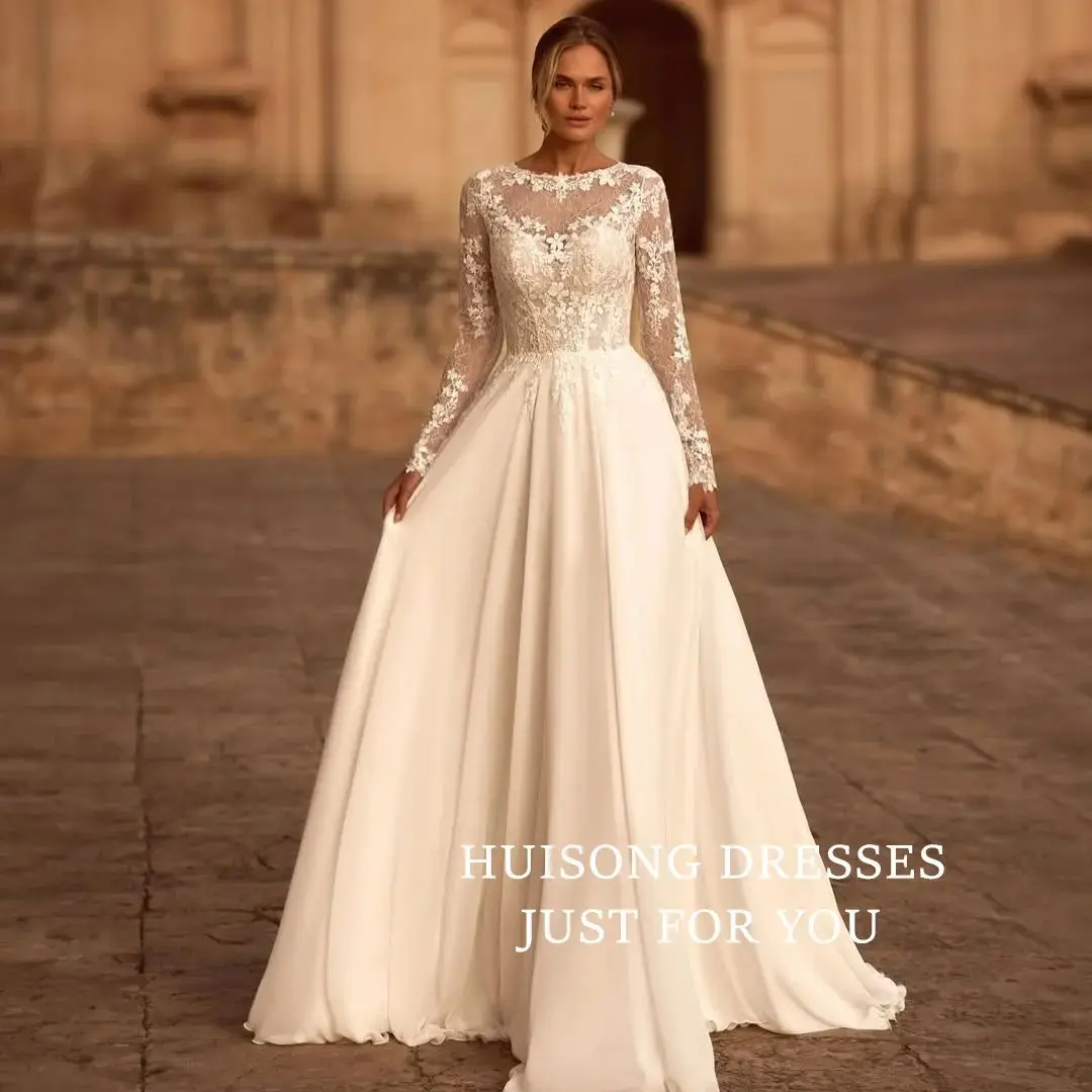 

HUISONG Customized suknia ślubna Modest Wedding Dresses Lace Appliques O-Neck Long Sleeves A-Line Beach Bridal Gown vestido de n