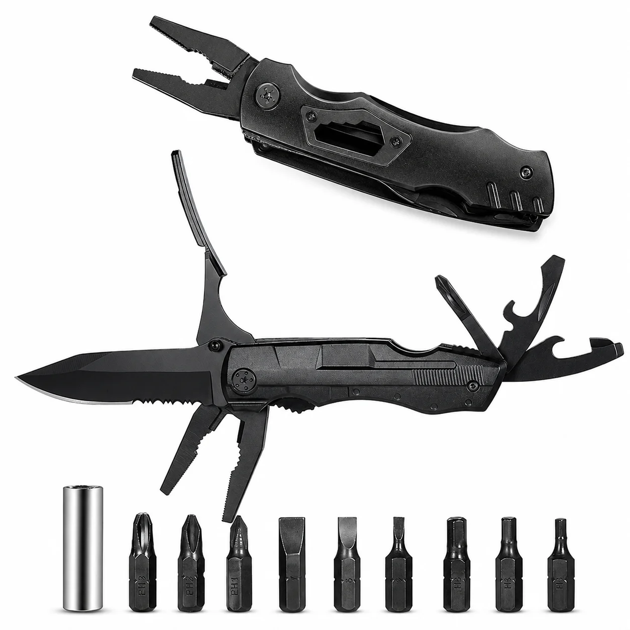 Klappbares Multitool-Set mit Schraubendreher-Bit-Set und Tragetasche, tragbares EDC-Werkzeug mit Klappmesser, Schraubendreher, Flaschenöffner und Mehrzweckzubehör für Camping, Wandern, Angeln, Reisen,