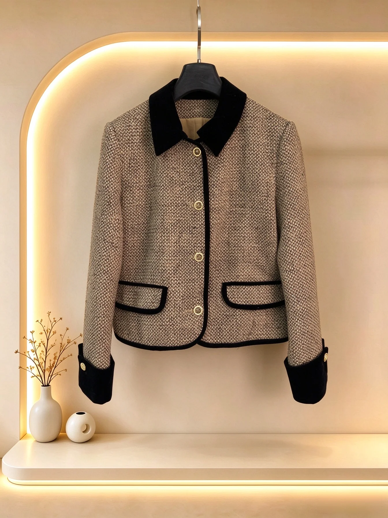 2026 Women Autumn Color Block Collar Tweed Short Jacket ZX3106