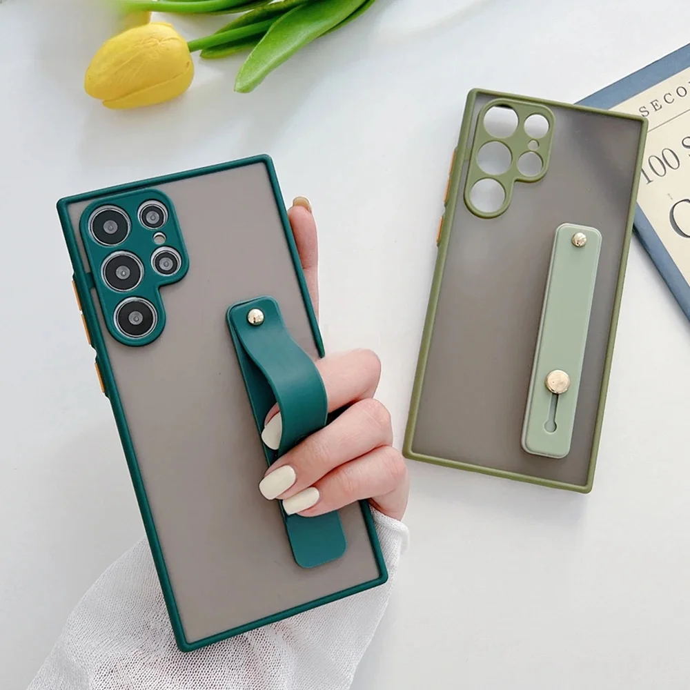 Stojak na pasek na nadgarstek Przezroczyste matowe etui do Samsung S25 S24 S23 S22 Ultra S21 Plus S20 FE Note 20 10 Pro S9 S10 A72 A52 Pokrowiec na uchwyt — zdjęcie 2