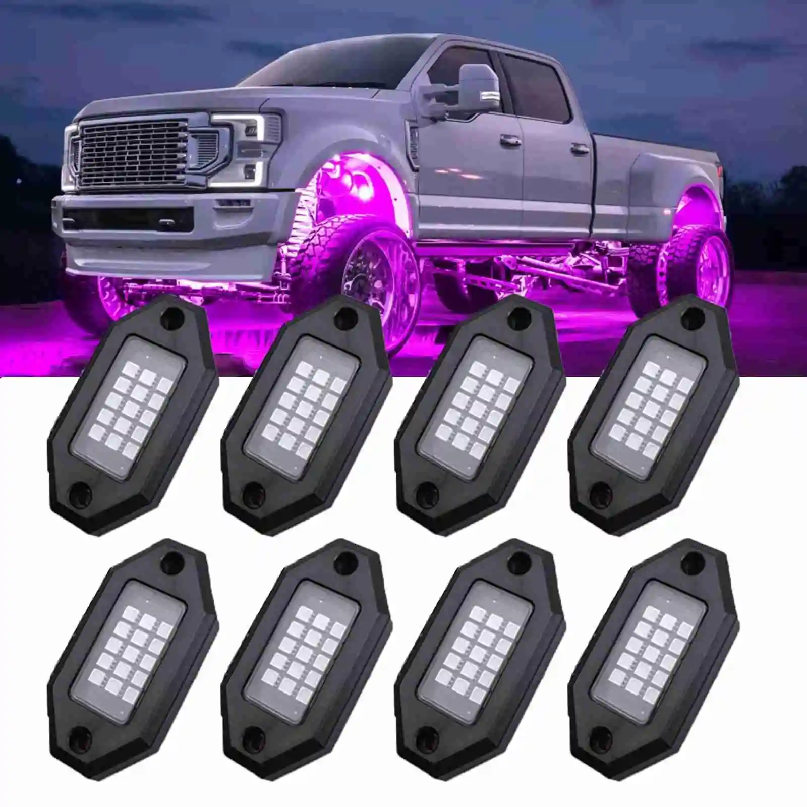 RGB LED Rock Light Kit for Trucks, 8Pod 12V Control Multifunctional Car LED with Extension Wires, 16M Colors Music Mode Underglow Neon Glow, Car Lighting Decoration, Exterior Upgrade (No Remote Control)