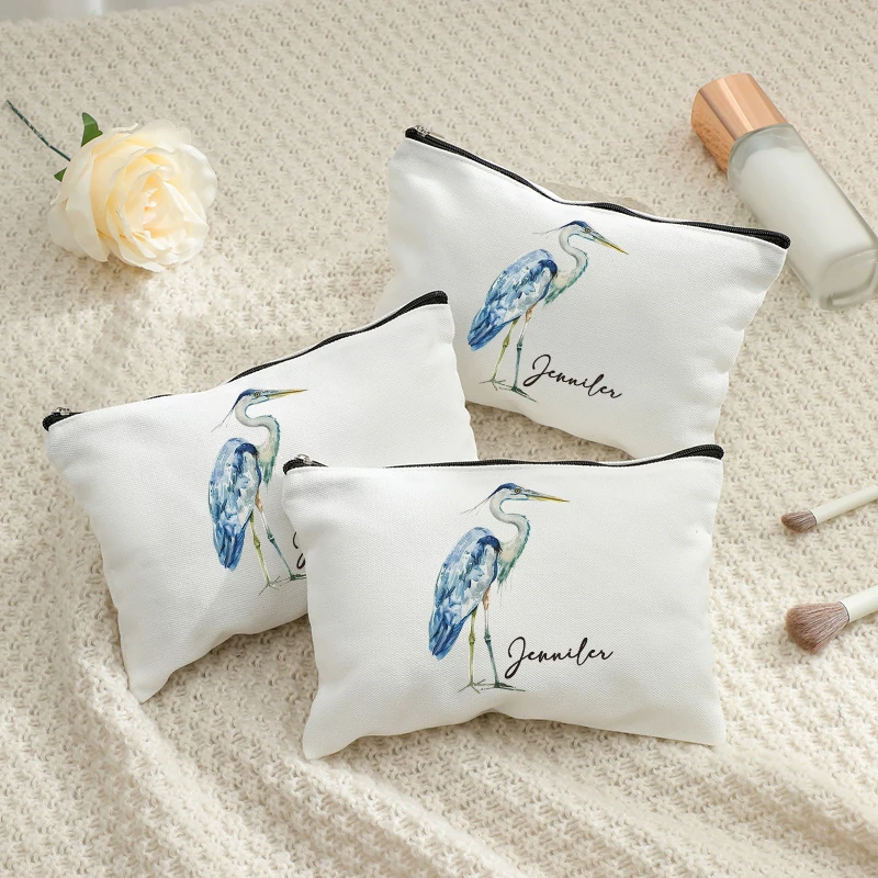 Personalized Blue Heron Print Makeup Bag Light Zipper Travel Toiletry Organizer Unisex Cosmetic Pouch Party Gift