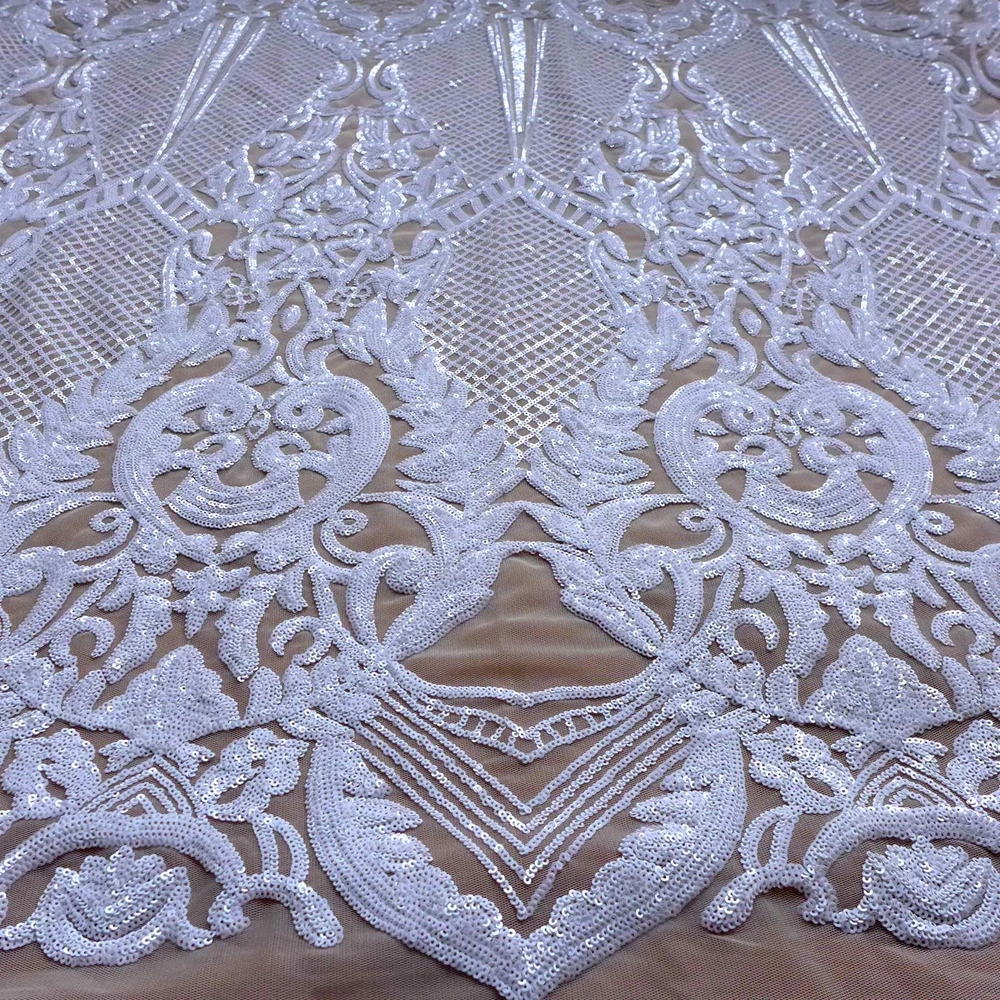 HelluyerDc White,Wine sequins lace fabric,large patterns heavy embroidery for party prom dress fabric by the yard