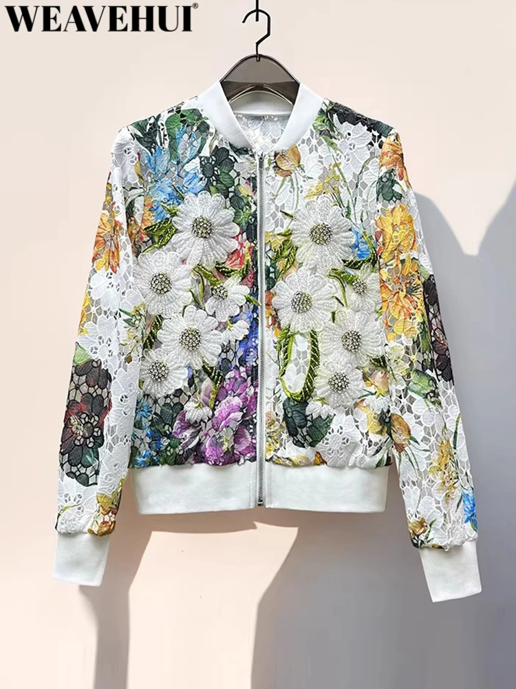 WEAVEHUI Women Stand Collar Long Sleeves Embroidery Beading Diamonds Spring Summer Streetwear Hollow Out Coat