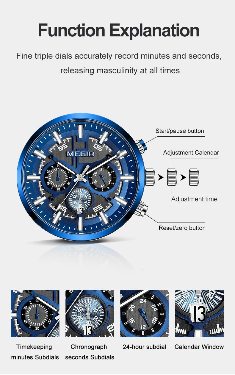 MEGIR Luxury Men Business Watches Calendar Stainless Steel Quartz Wristwatch Clock Casual Chronograph Relogio Masculino 2220