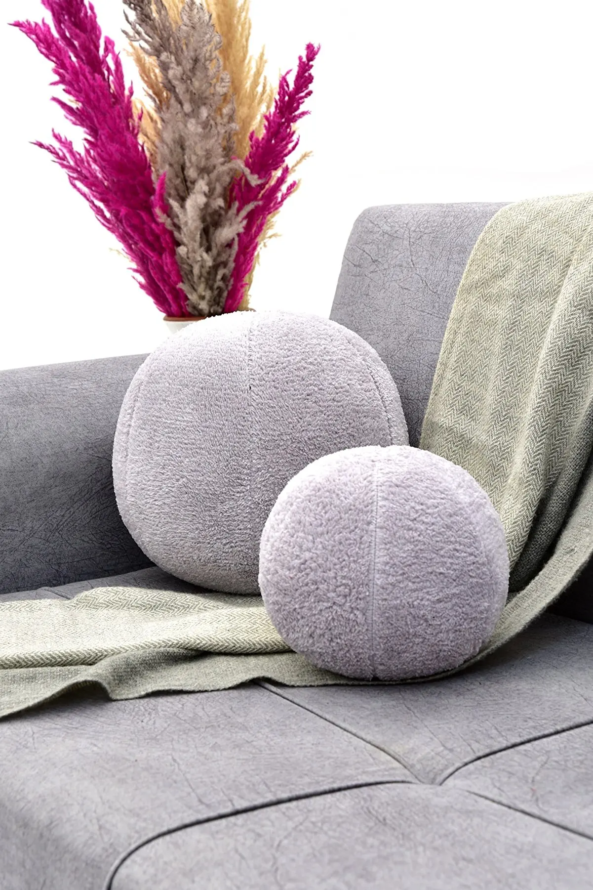 

2 Pieces Ball Shaped Decorative Pillow For Living Room And House Gray, Burgundy, Mustard, Brick, Pink, Brown (Radius 42Cm, 25Cm)