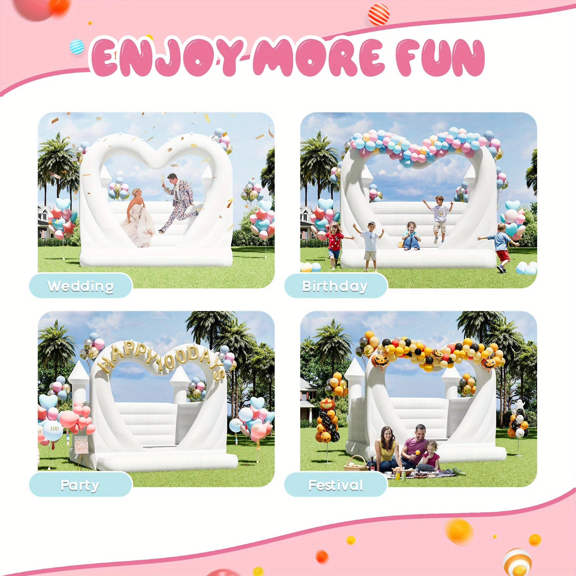 Castillo blanco inflable de PVC de 13 pies con forma de corazón, nuevo diseño, casa de rebote blanca inflable con soplador de 750W, para bodas y fiestas