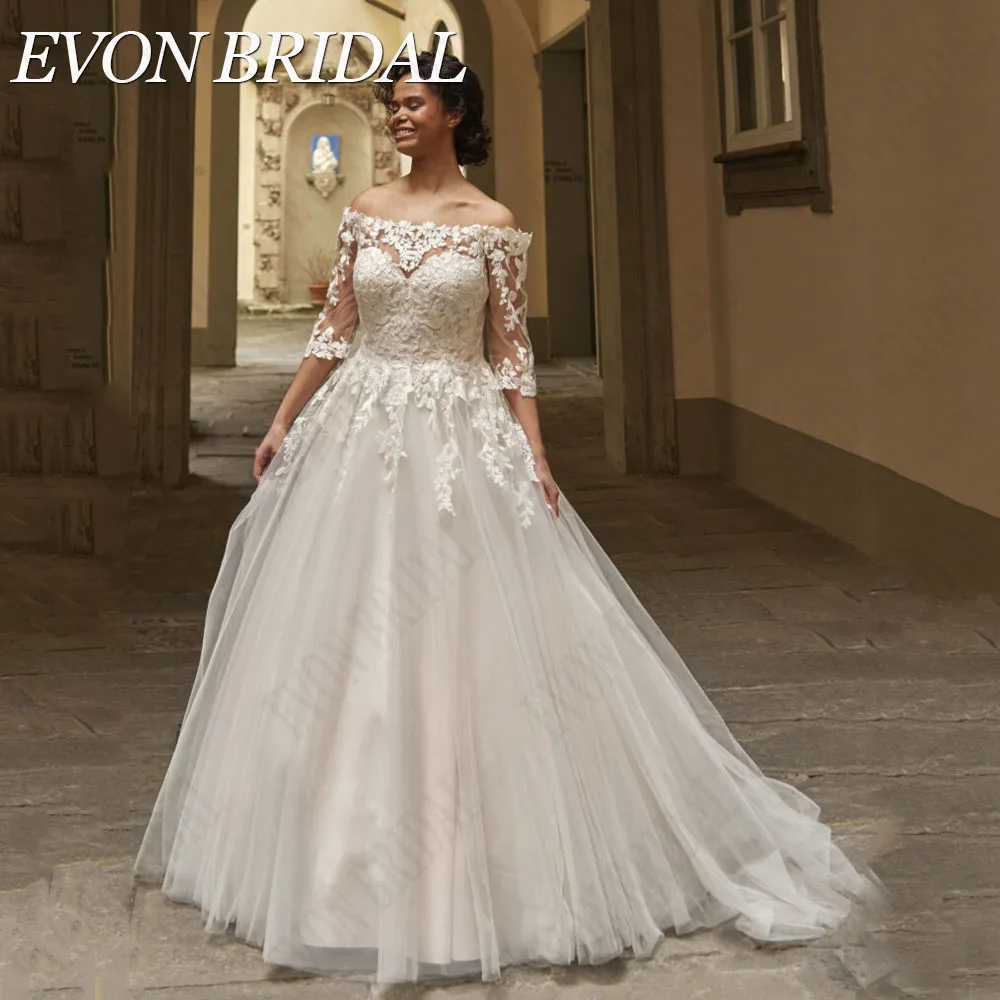 EVON BRIDAL Boho Boot Neck Plus Size Brautkleid Applique A-Linie Brautkleid Halif Ärmel TüllEvon Braut Boho Boot Hals plus Größe Hochzeits kleid Applikation A-Linie Brautkleid Halif Ärmel Tüll Illusion Vestido de Novia