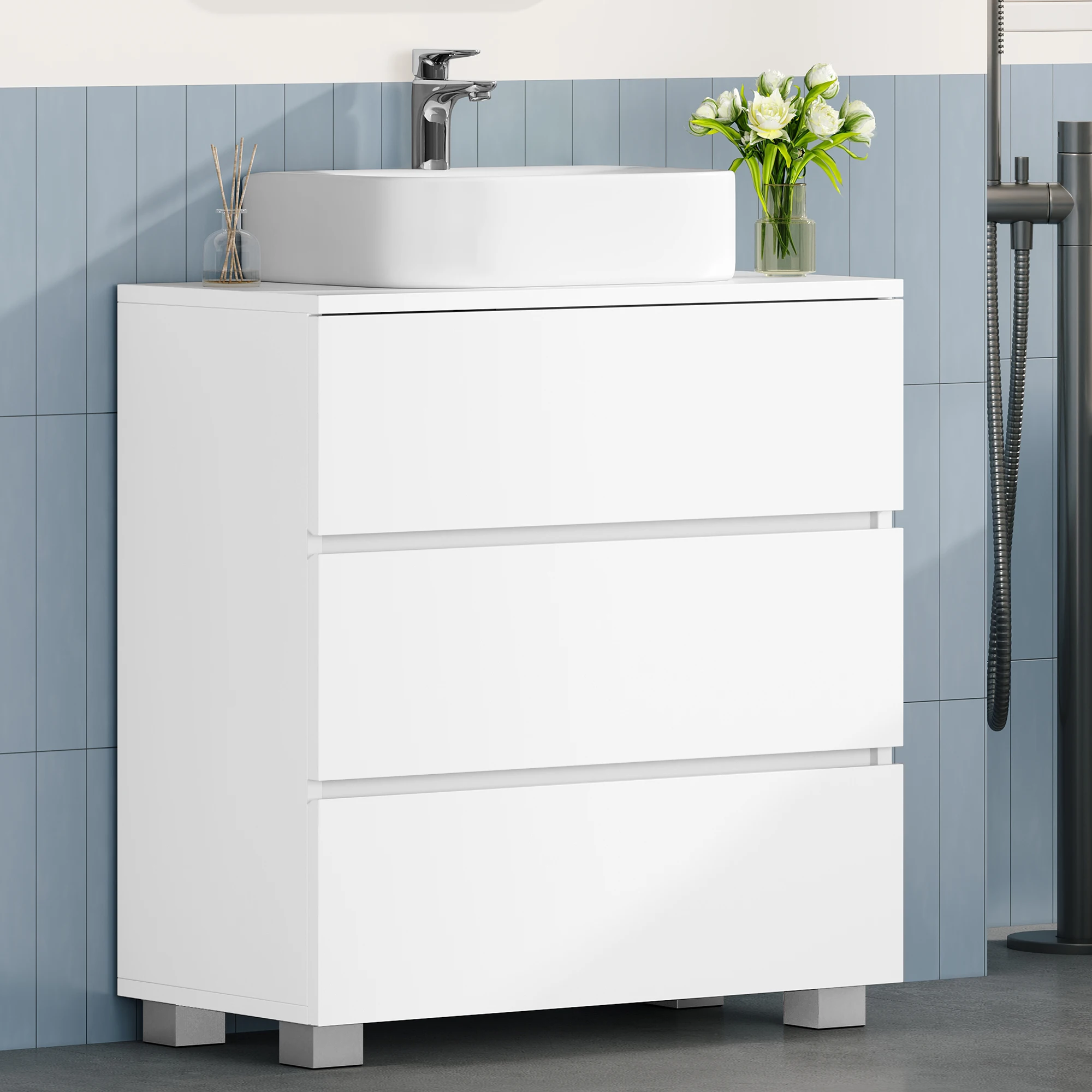 1 weißer Badezimmerschrank mit 3 großen Schubladen, Badezimmer-Unterschrank mit Füßen, freistehend aus Waschtisch