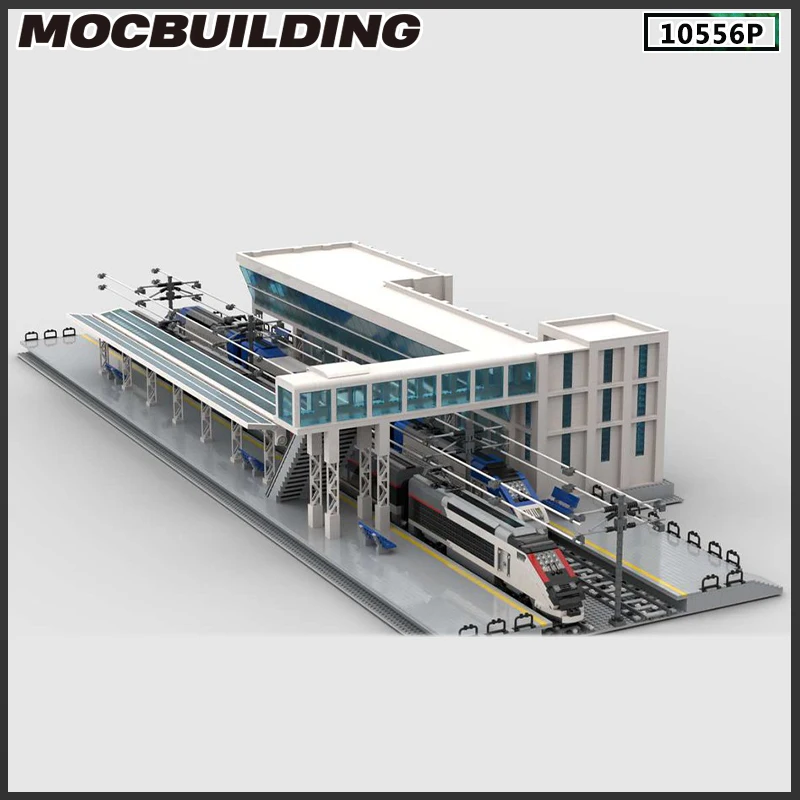 Moc Modern Central Train Station Building Block Model Bricks DIY Urban Transport Hub Street Scene View Modular Toy Birthday Gift