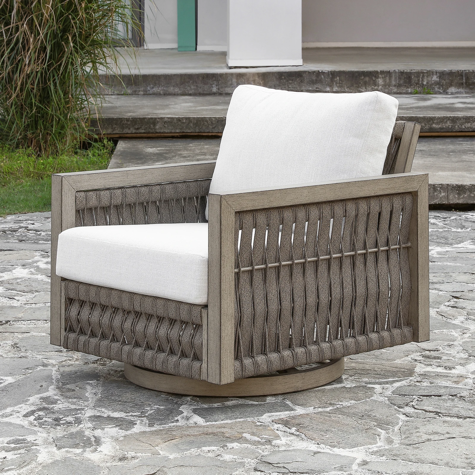 

SeeHill Swivel Patio Chair, Aluminum Outdoor Armchair with Cushions, Rope Weave Deep Seating Furniture, Gray Oak Finish