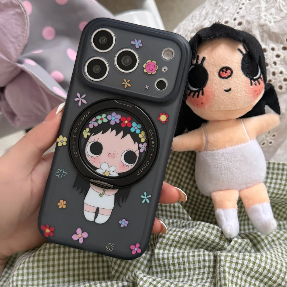

Fashion INS Cute Cartoon Girl Floral Phone Case for iPhone 17Pro 16 Max 15 16 17 Pro Max 15 Pro Black Shockproof Protective Case