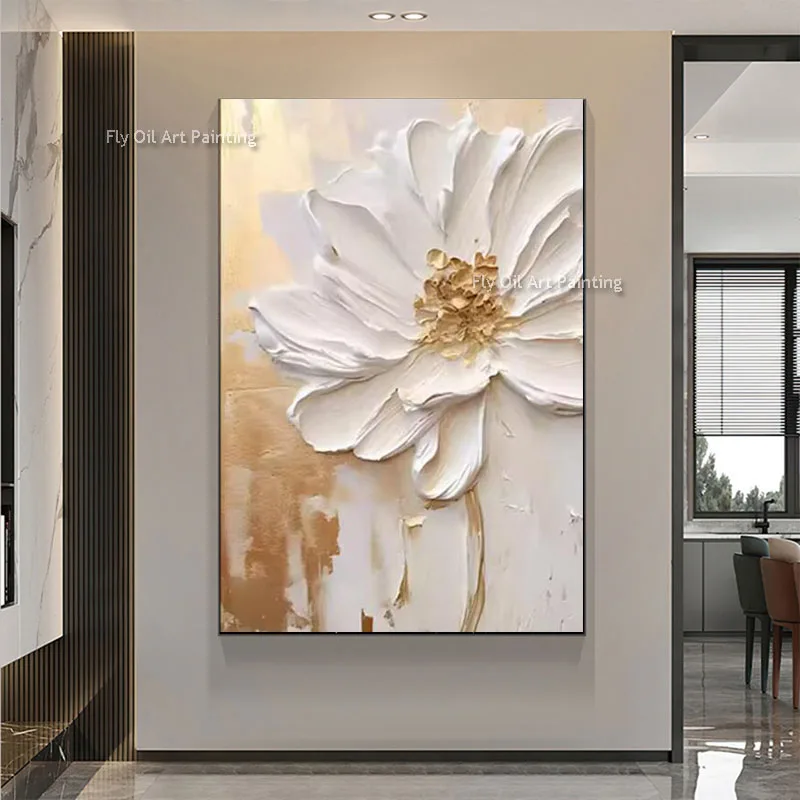 Large Flower Oil Painting on Canvas Hand Painted Abstract Floral Wall Art Minimalist Art White Decor For Living Room Home Decor