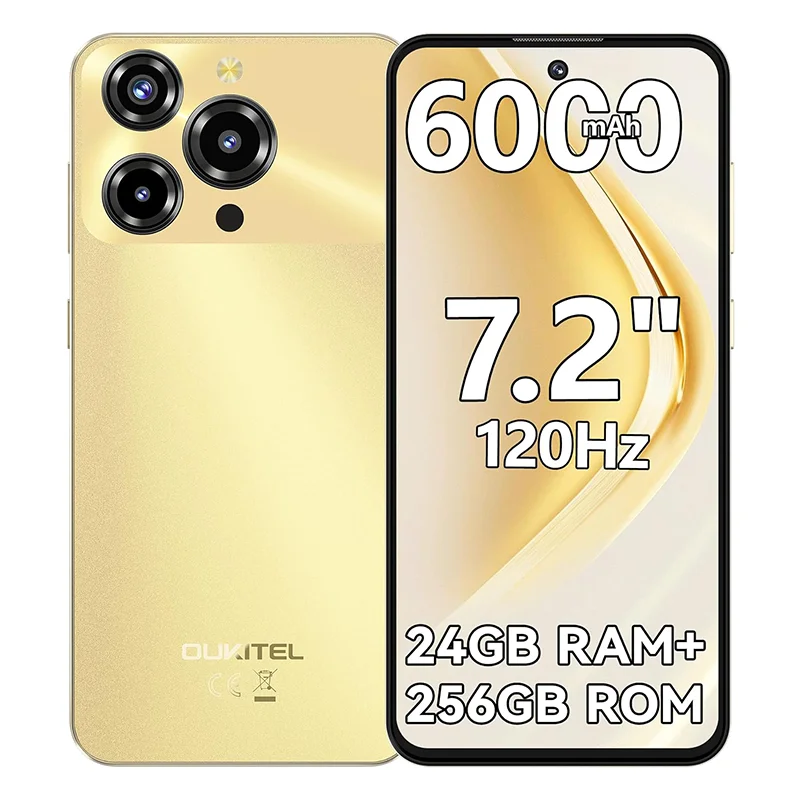 OUKITEL C69 4G [2025] Entsperrte Mobiltelefone, Android 15 Smartphone, 24GB RAM +256GB ROM/1TB, 6000mAh, 7,2" HD+ 120Hz Display