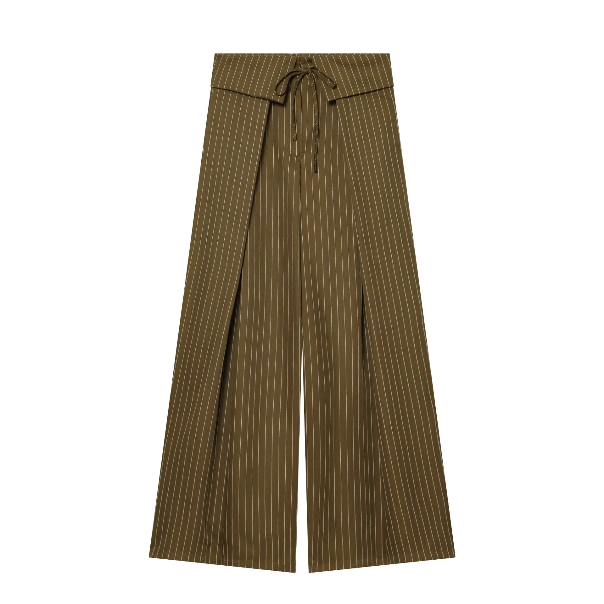 Vintage Striped Wide Leg Pants Women Elegant Asymmetric Foldover Waist Pleated Long Trouser Summer Office Lady Culottes