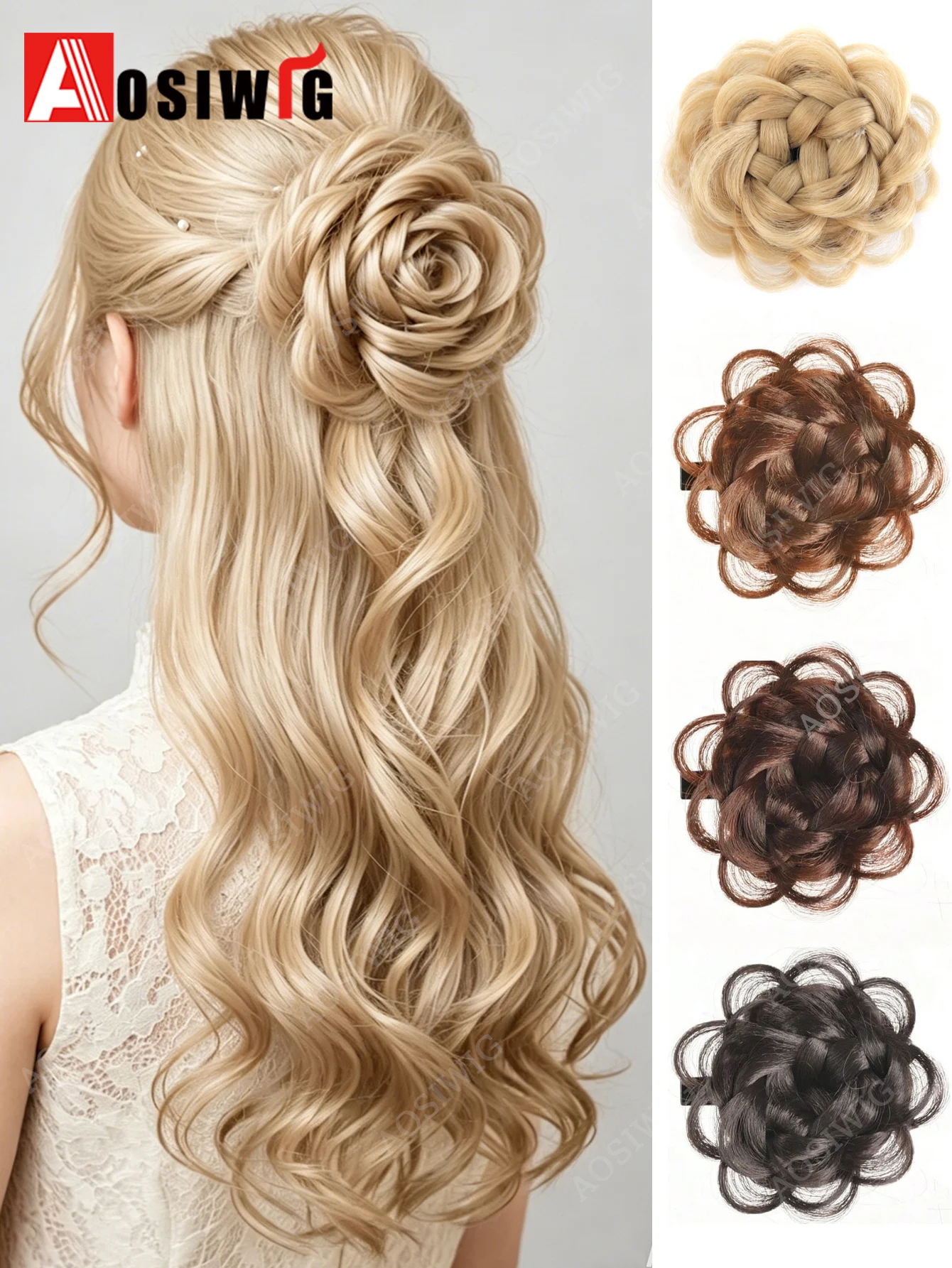 Blonde Synthetic Hair Clip In Braided Rose Flower Hair Bun Chignon Piece Vintage Updo Hair Accessories For Women Wedding Daily P