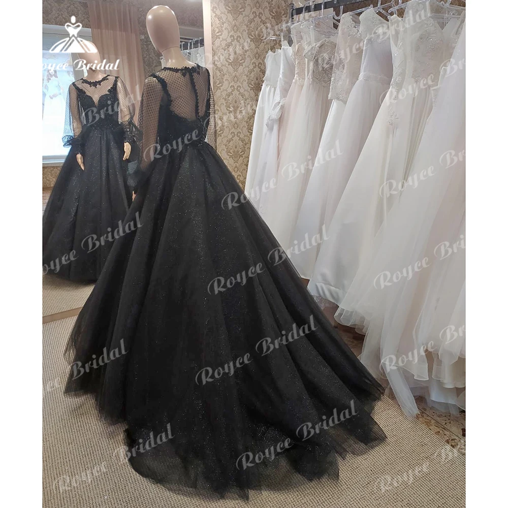 Black Sexy O Neck Puff Sleeve Lace Beading A Line Wedding Dress For Women Boho Bridal Gowns Robe Vestidos De Novia Prom Dress