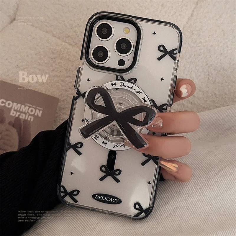 

Korean Ins Black 3D Bow Magnetic Stand Mobile Phone Case for iPhone 13Pro Max Transparent Simple TPU Fall Protection