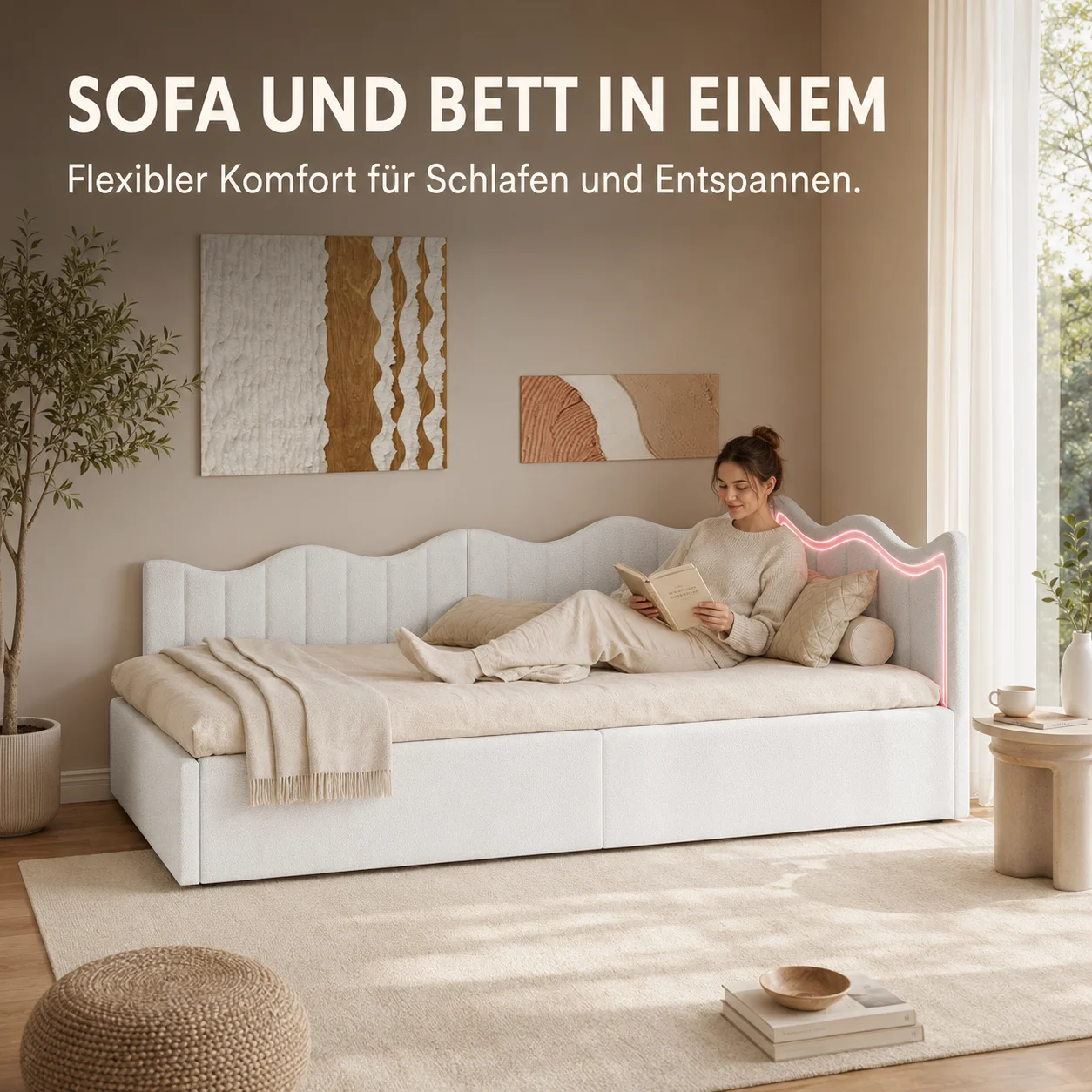 Lit enfant 90 × 200 cm, canapé-lit en peluche à ressorts pneumatiques, cadre en bois rayé sans matelas, blanc