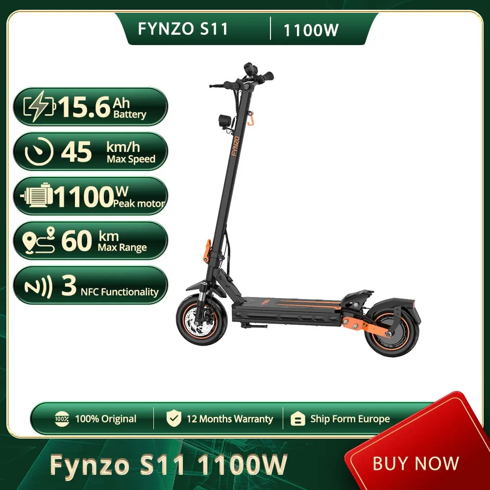Trottinette électrique pliable NFC Fynzo S11 1100W 15.6Ah Vitesse maximale 45 km/h Double suspension Pneus tubeless 10 pouces Autonomie 60 km Fourche de suspension avant