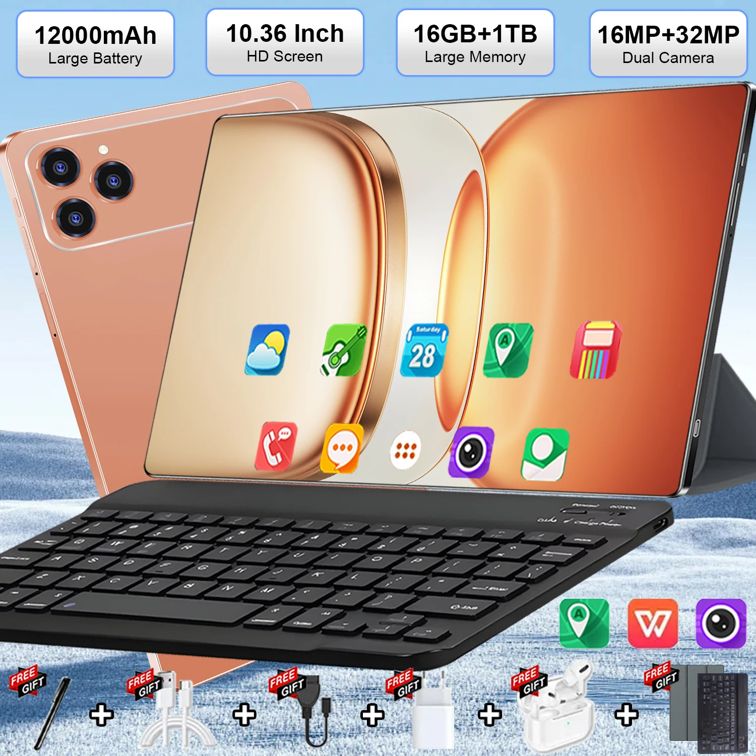 Tablette Android 13 intelligente de 10,36 pouces hautement recommandée, en promotion, avec puce stable à 10 cœurs, 16 Go de RAM et 1 To de stockage, batterie longue durée de 12000 mAh pour usage quotidien, double SIM 5G flexible et connexion Wi-Fi rapide, doubles caméras 16MP et 32MP, compagnon idéal pour la vie quotidienne.