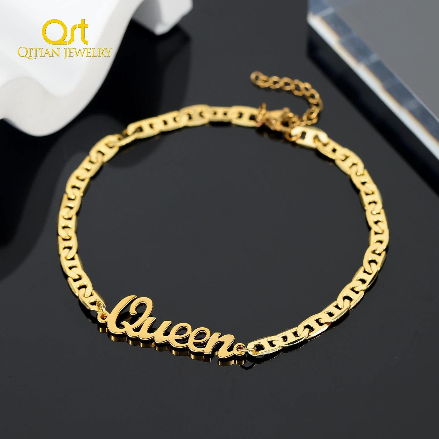 Custom Name Bracelets For Women Personalized Charms Names Anklet Stainless Steel Gold Flat Chain Nameplate Summer Gift Jewelry