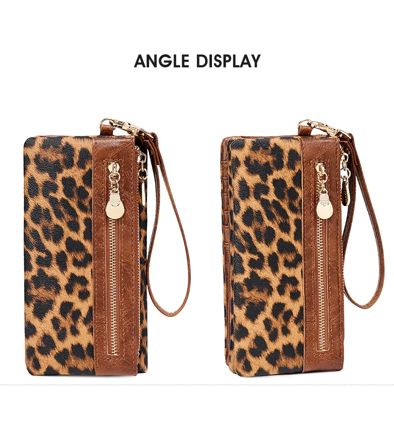 Vintage Damen-Geldbörse mit Leopardenmuster, Doppelreißverschluss, PU-Leder, lange Geldbörse, multifunktionale Kreditkarten-Clutch mit Handgelenkschlaufe – Detail 24