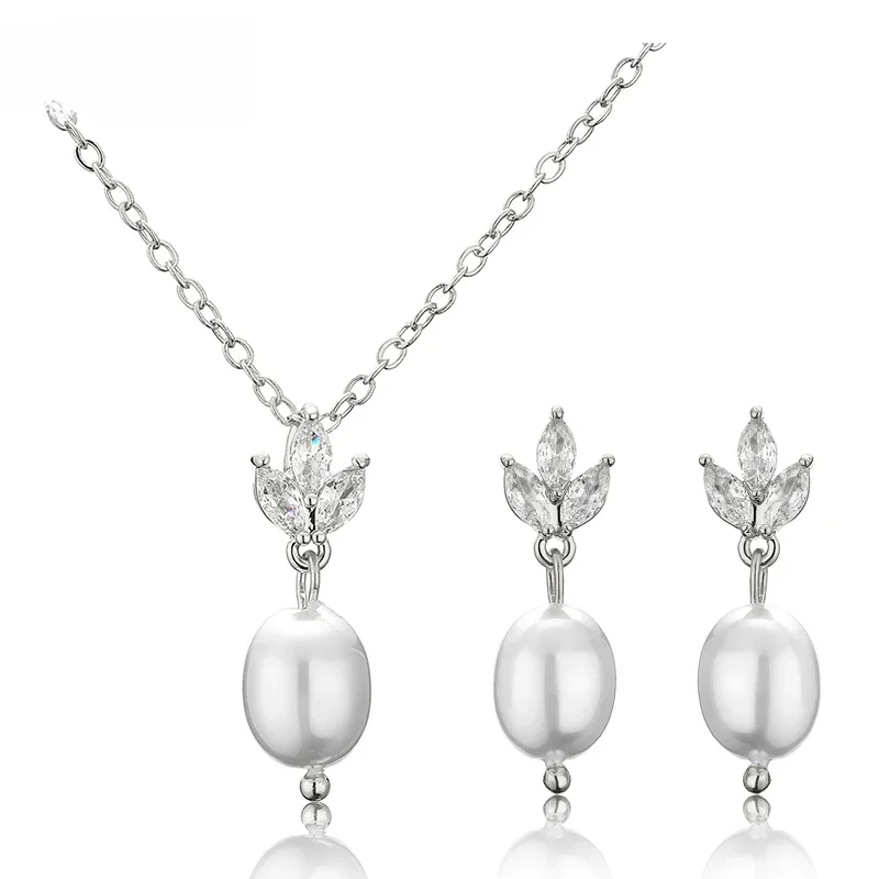 Zakol Mode Blatt glänzend Zirkon Perle Tropfen Ohrring Halsketten Schmuck Sets für Frauen charmante Hochzeit Schmuck Geschenk