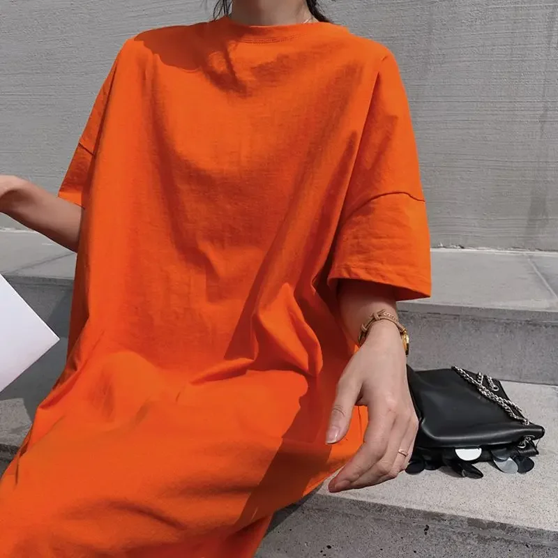 Modna luźna koszulka w jednolitym kolorze letnia nowa, krótka, dopasowana do siebie prostota, swobodne sukienki, koreańska odzież damska w stylu Vintage — zdjęcie 2