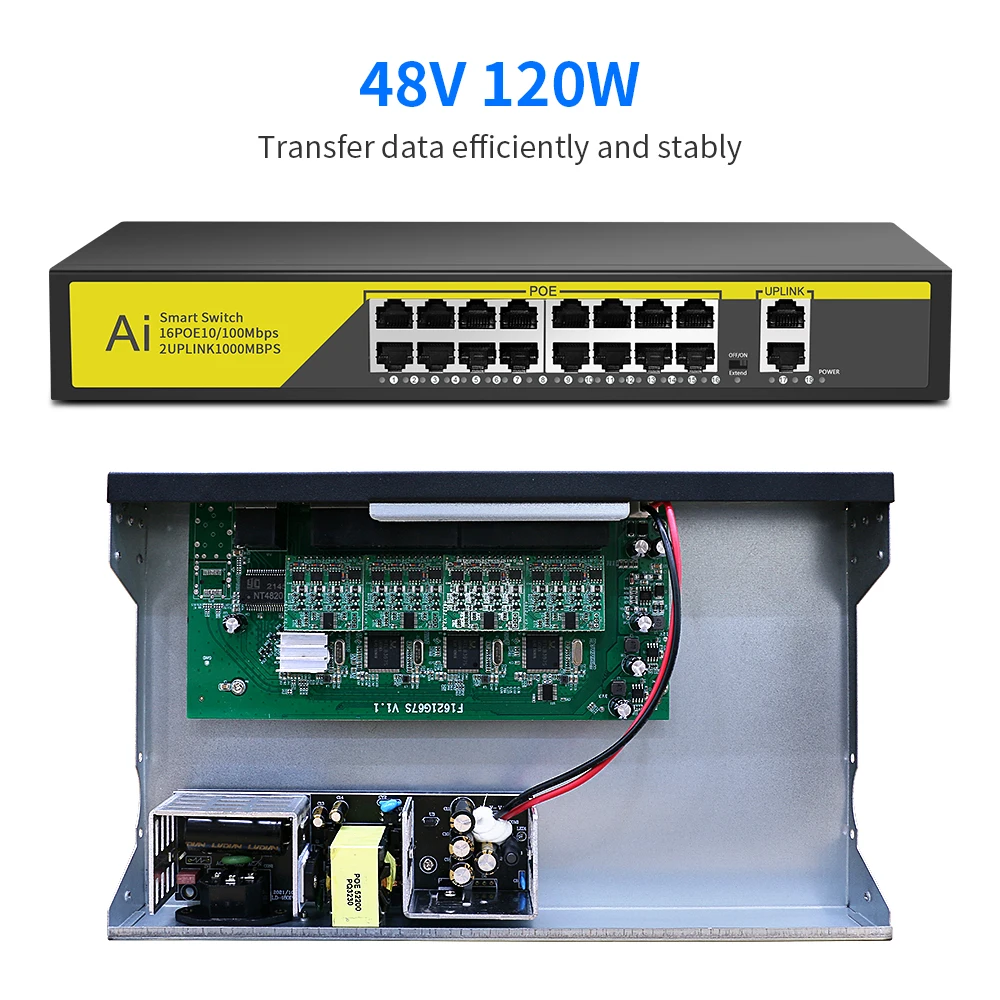 Interruptor POE superior de 48V, 8 16 puertos, 2 Uplink, 10/100Mbps, IEEE 802,3 af/at para cámara IP, sistema de cámaras de seguridad CCTV, AP inalámbrico