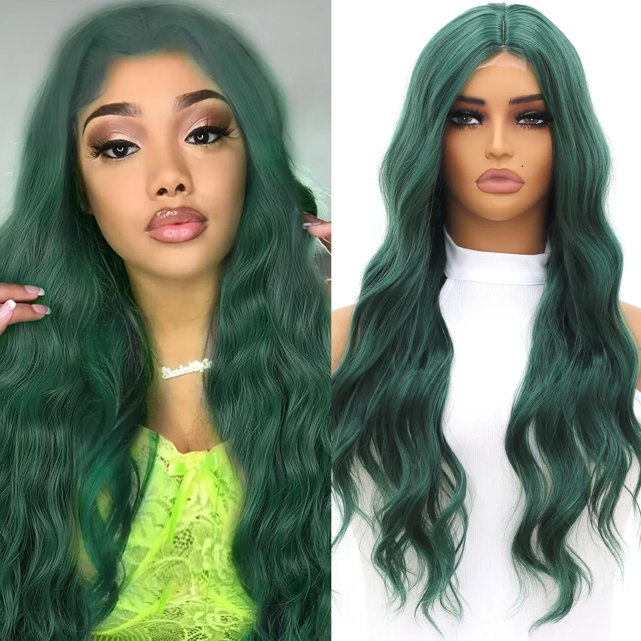 

26 Inch Long Curly Green Lace Wig Glueless Lace Wig Green 180% Density Wavy Wig Heat Resistant Synthetic Green Wig