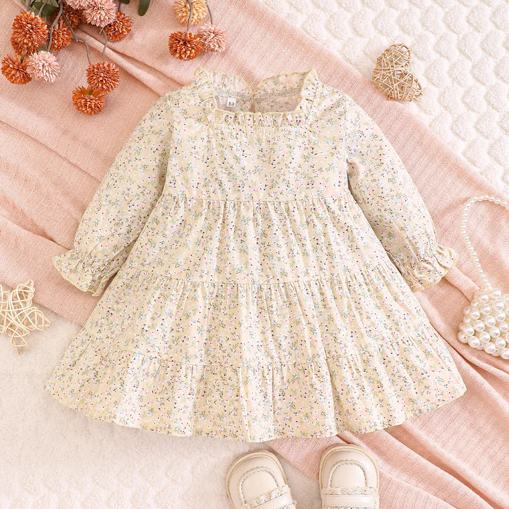 Baby Girl Tiered Dress Square Neck Long Sleeve Flower Pattern Infants Dolly Dress