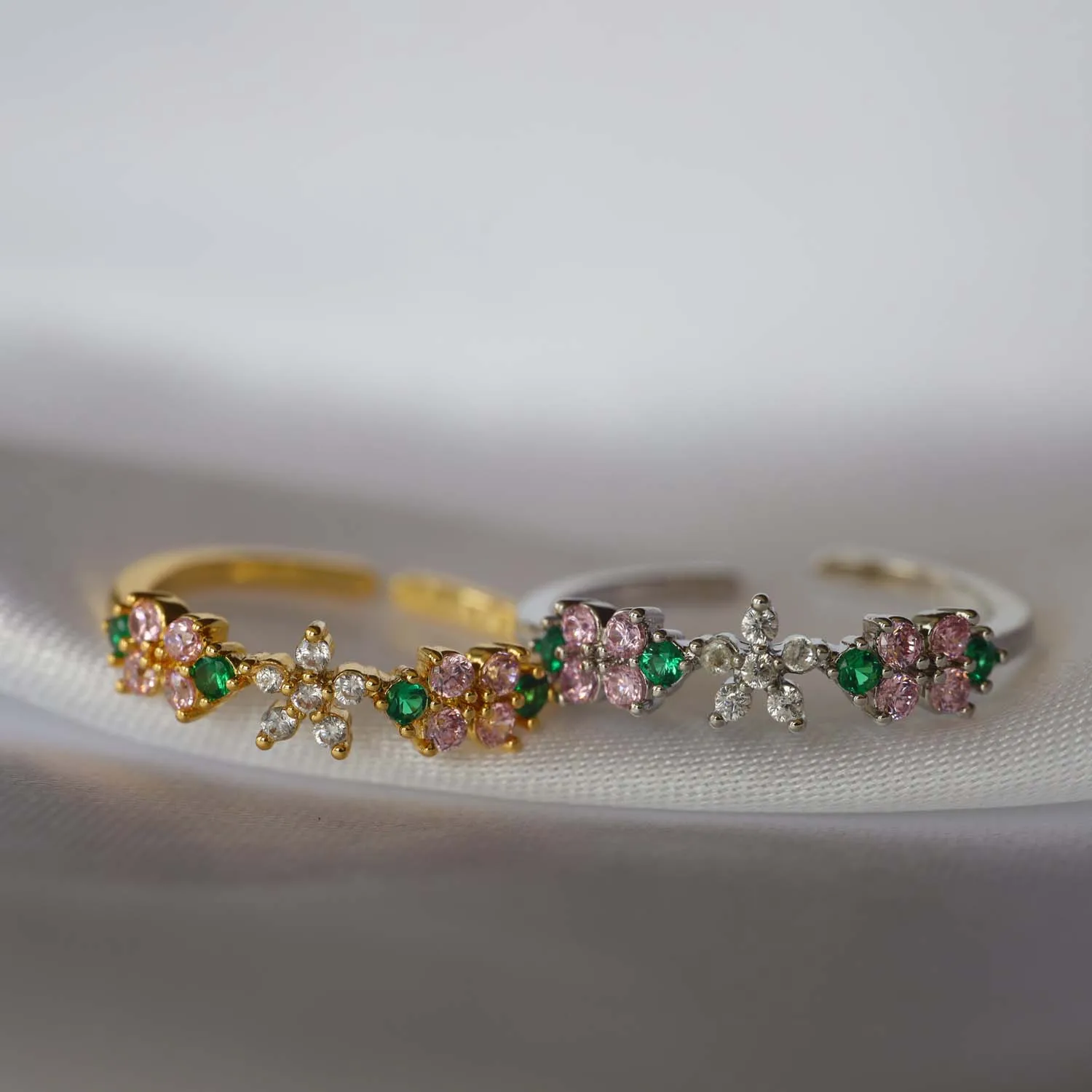 Colorful Gemstone Flower Open Adjustable Ring Sweet Floral Zircon Resizable Finger Ring for Women Y2K Jewelry