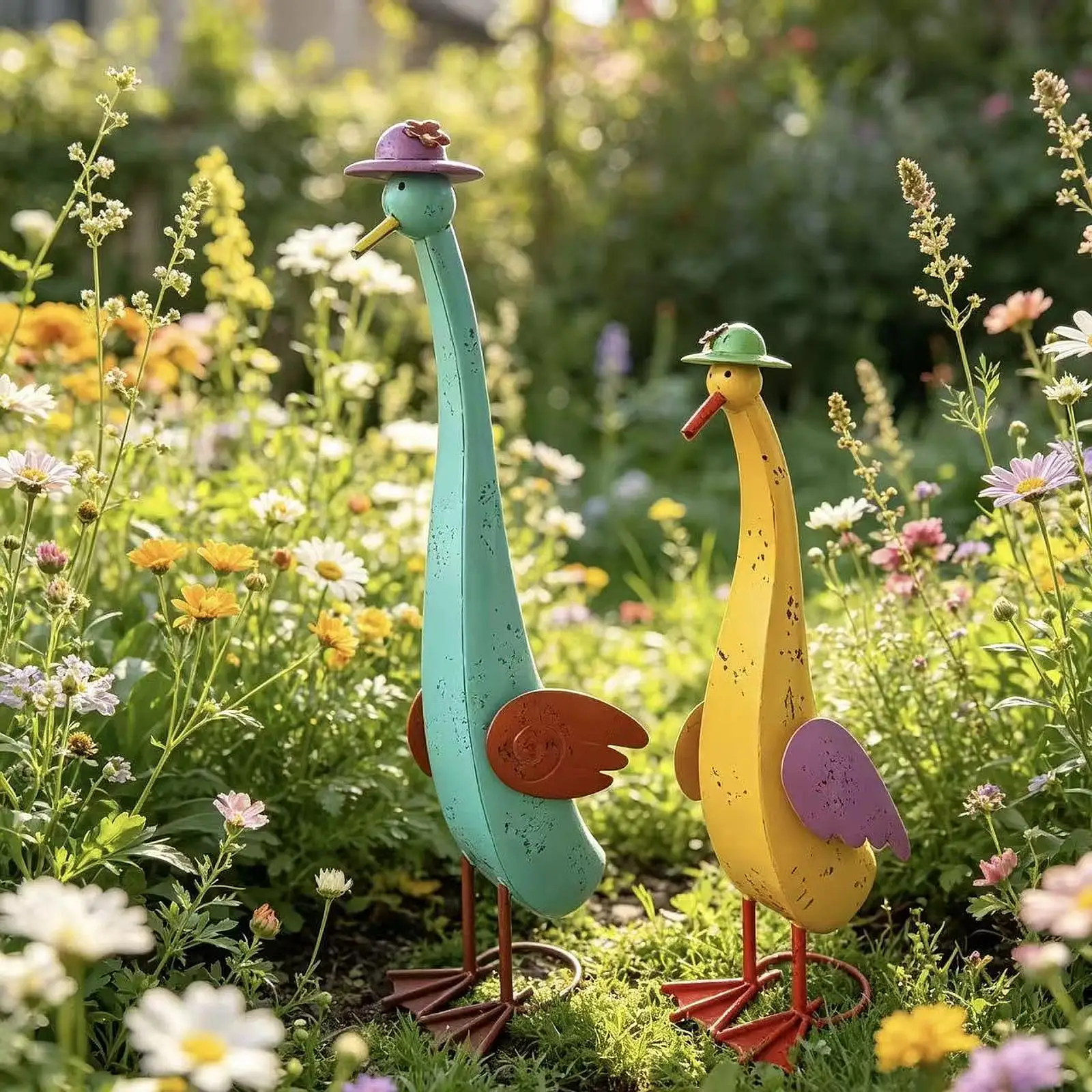 2 Stück Entenfiguren aus Eisen, Tier-Skulptur, Boho-Stil, Entenstatuen mit langem Hals, Dekoration für Garten, Teich, Bauernhaus, Ornament für drinnen und draußen