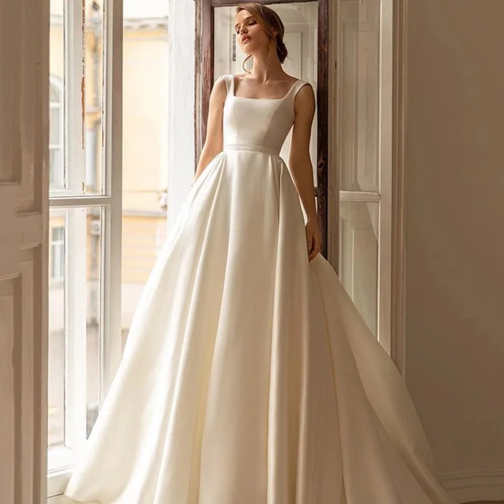 Customized Square Neck Wedding Dress Detachable Long Puffy Sleeves A Line Bridal Gown Lace Up Back Court Train Vestidos De Novia