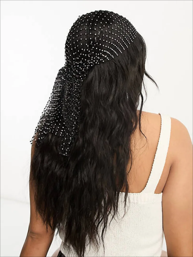 1pc Long Tail Braided Fishnet Decorated Elastic Headscarf Hat With Rhinestones