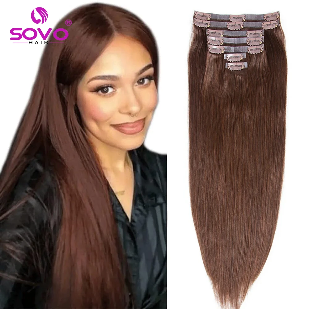 SOVO Straight Clip In Hair Extensions Human Hair 7pcs 120g Seamless Invisible Pu Clip In Human Hair Extension Remy Hair Colored