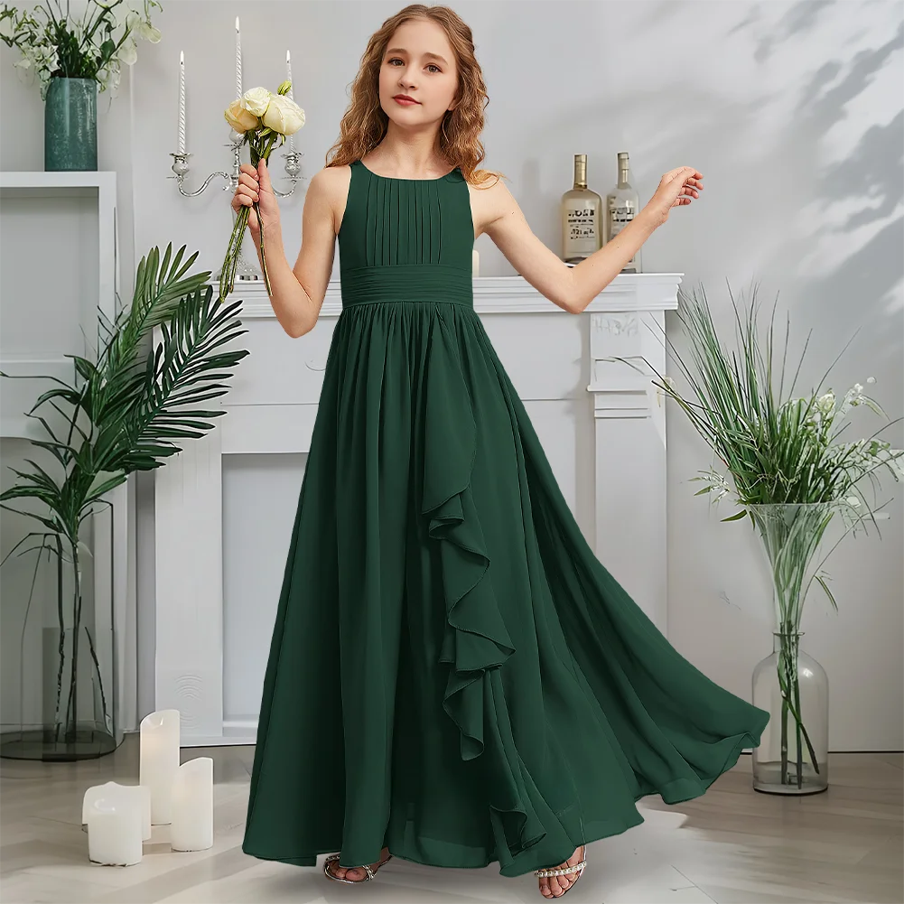 

A Kids Child A-Line Junior Bridesmaid Dress Kids Slate Flower Girl Dress Scoop Floor-Length Chiffon Garden Gala Wedding Party