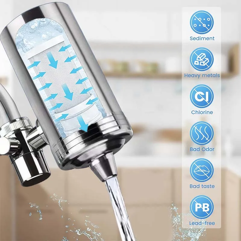 Household Kitchen Stainless Steel Faucet Tap Water Filter Remove Chlorine Heavy Metal Filtered Household Drinking Filtration