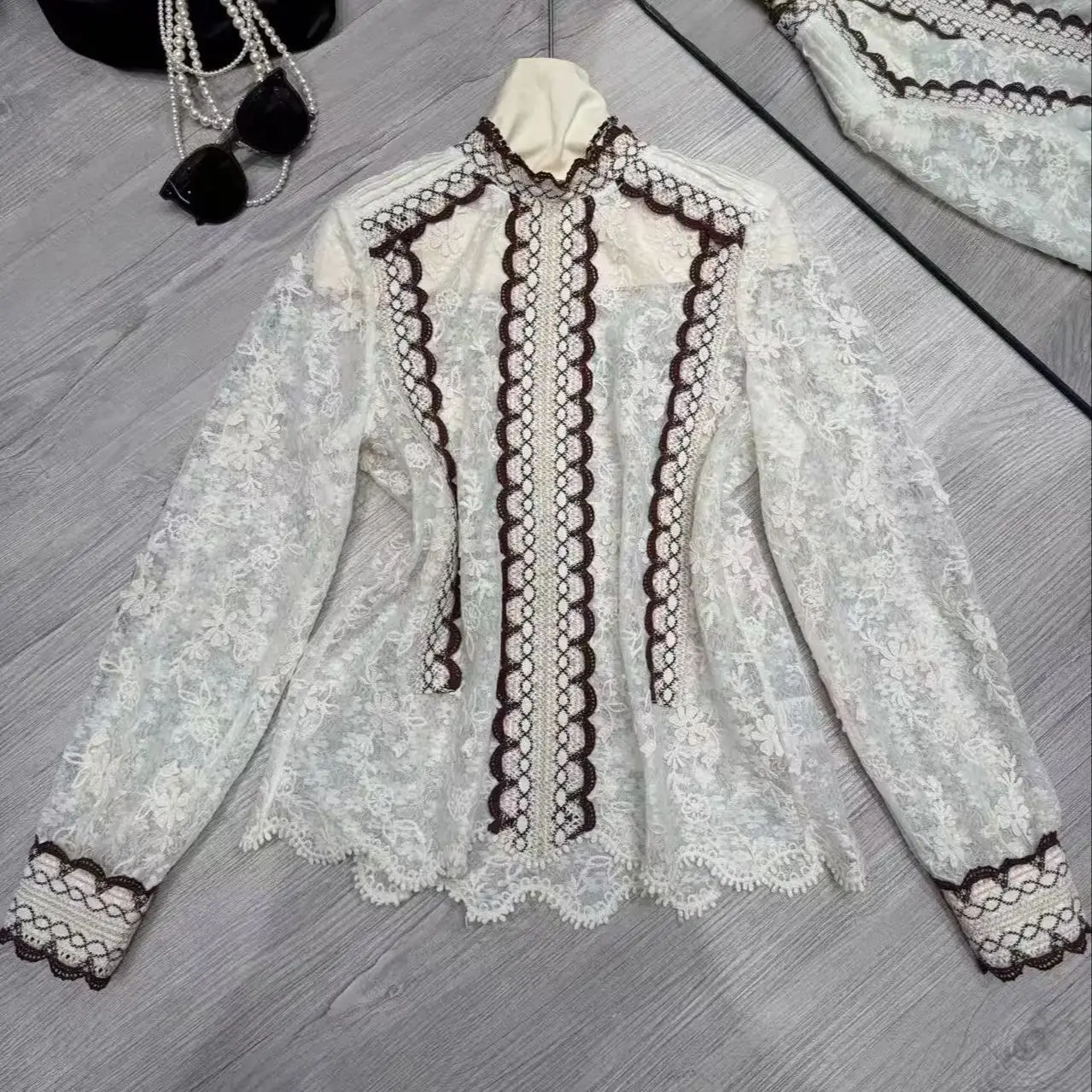 

Pure cotton retro style lace shirt with dark brown and cobalt clashing lace