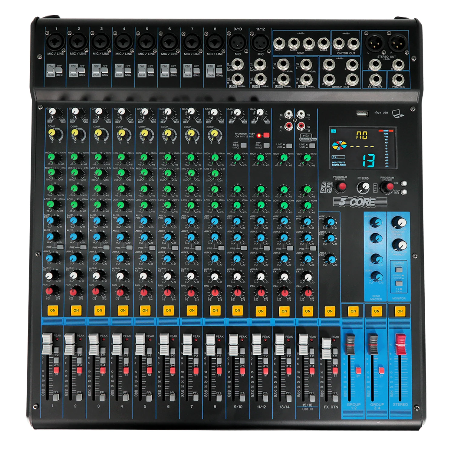 

5 Core DJ Audio Mixer 16 Channel Stereo Sound Board w 256 effects USB Bluetooth 48V Phantom Power MX 16CH XU