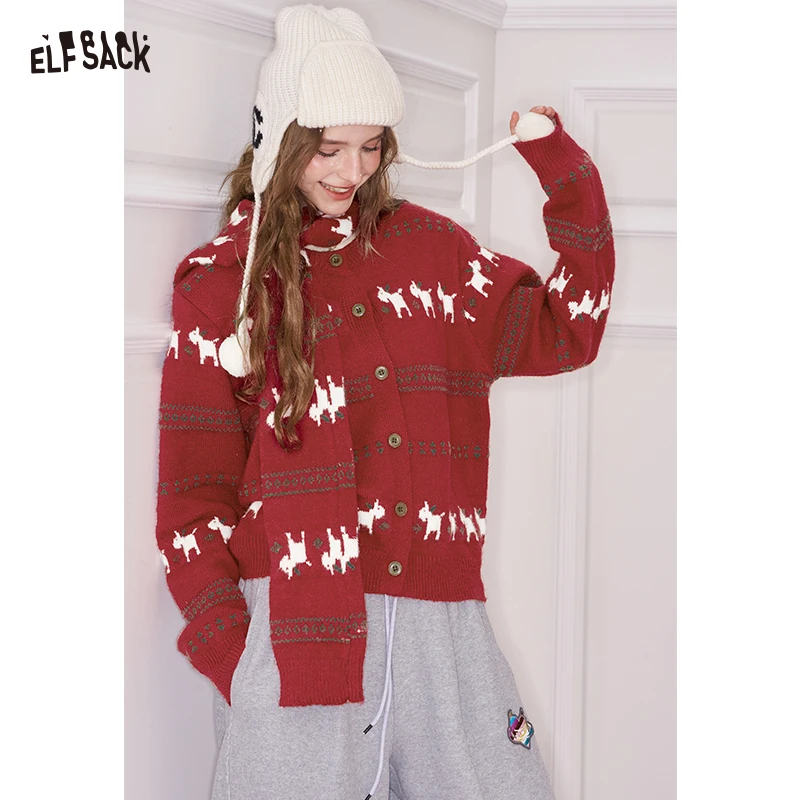 

ELFSACK Minimalist Casual Loose Animal Graphic Round Neck Knit Cardigan For Women