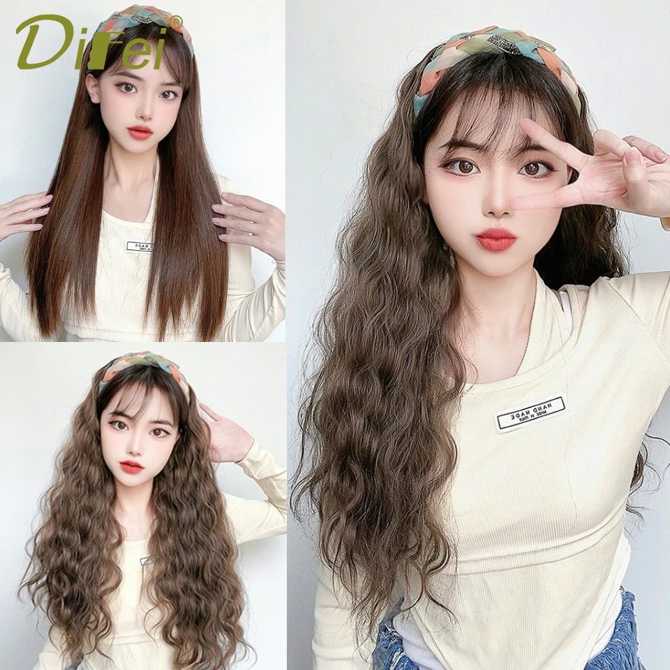 DIFEI Synthetic Headband Wigs Long Straight Natural Brown Black Wig Fit The Head Heat Resistant Fake Hair For White/Black Women