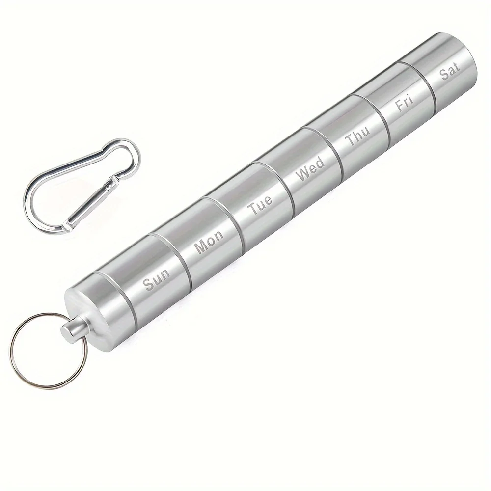 Kleines tragbares Pillenetui mit Schlüsselanhänger, wasserdichter Pillenhalter aus Metall, Mini-Pillen-Organizer, wöchentliche Taschen-Pillendosen – Detail 10
