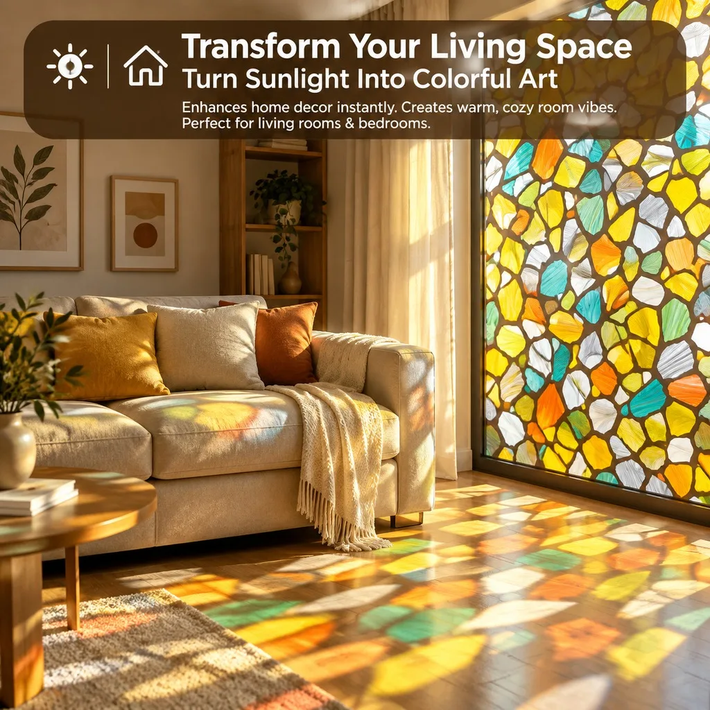Colorful Pebble Mosaic Pattern Privacy Window Film Roll Stained Glass Static Cling No Glue 3D for Bathroom Home Decor