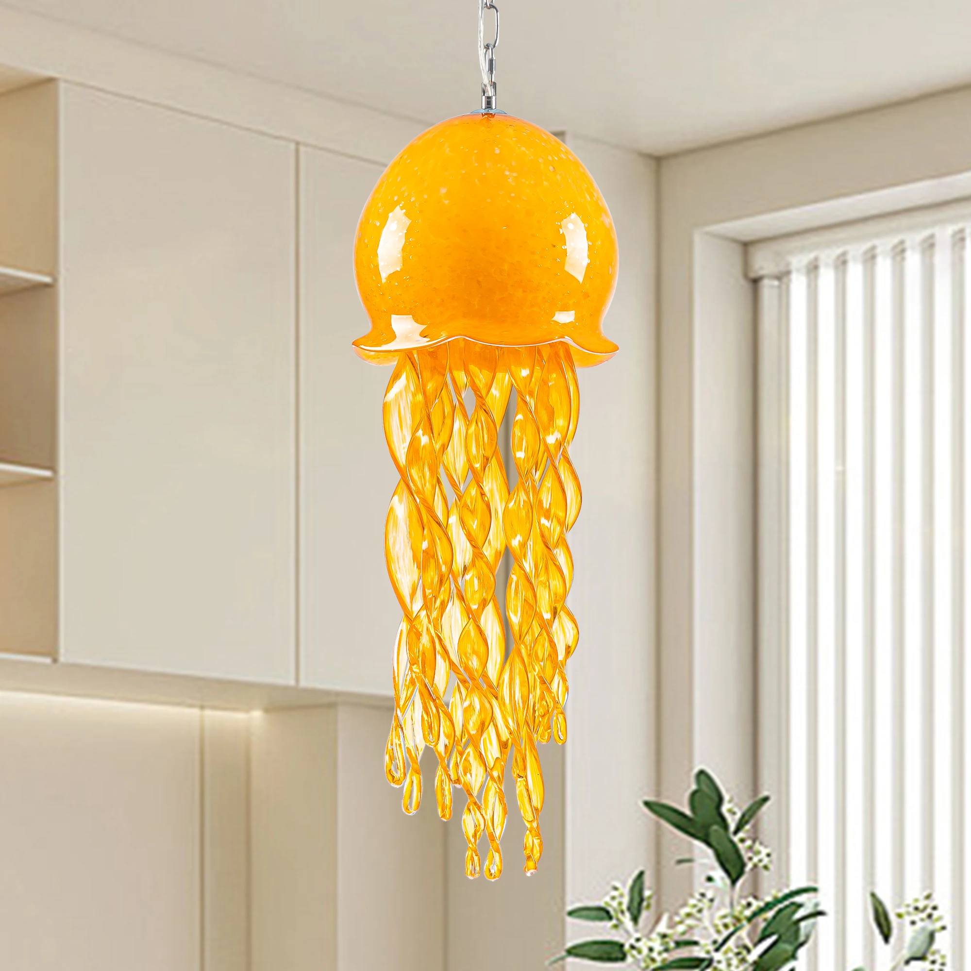 LONGREE Murano Glass Jellyfish Pendant Lamp Yellow Hand Blown Glass Hanging Lamps Chandeliers for Living Room Island Restaurant